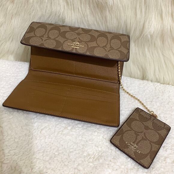 COACH Khaki/Acorn Coated Canvas Trifold Signature Wallet w/Lanyard F53763 - Picture 11 of 16